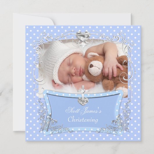 Baby Boy Christening Baptism Blue Polka Dot 2 Aankondiging (Voorkant)