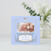 Baby Boy Christening Baptism Blue Polka Dot Aankondiging (Staand voorkant)