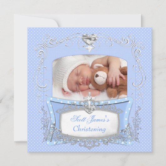 Baby Boy Christening Baptism Blue Polka Dot Aankondiging (Voorkant)