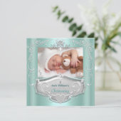 Baby Boy Christening Baptism Mint Silver Cross Aankondiging (Staand voorkant)