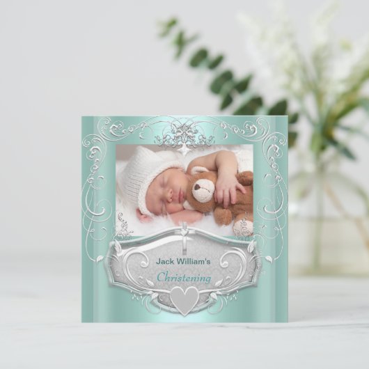 Baby Boy Christening Baptism Mint Silver Cross Aankondiging (Staand voorkant)