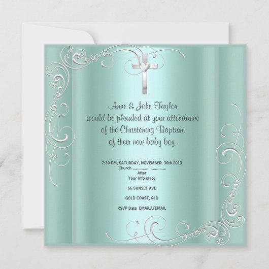 Baby Boy Christening Baptism Mint Silver Cross Aankondiging (Achterkant)