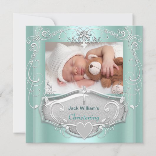 Baby Boy Christening Baptism Mint Silver Cross Aankondiging (Voorkant)