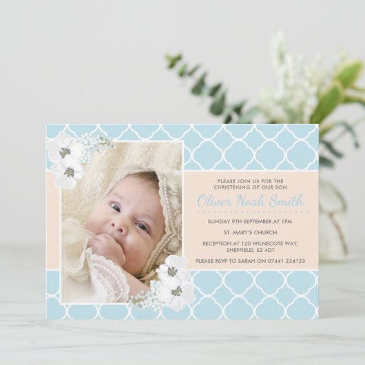 Baby Boy Christening/Baptism Uitnodiging (Staand voorkant)