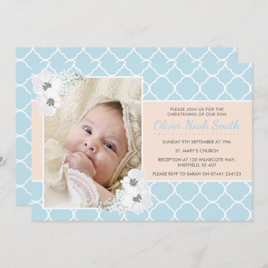 Baby Boy Christening/Baptism Uitnodiging (Voorkant / Achterkant)