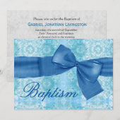 Baby Boy Christening Blue Damask Faux Bow Kaart (Voorkant / Achterkant)