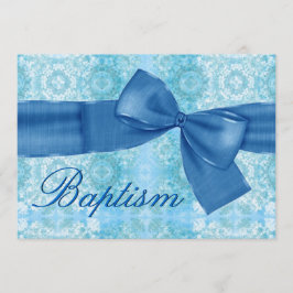 Baby Boy Christening Blue Damask Faux Bow Kaart