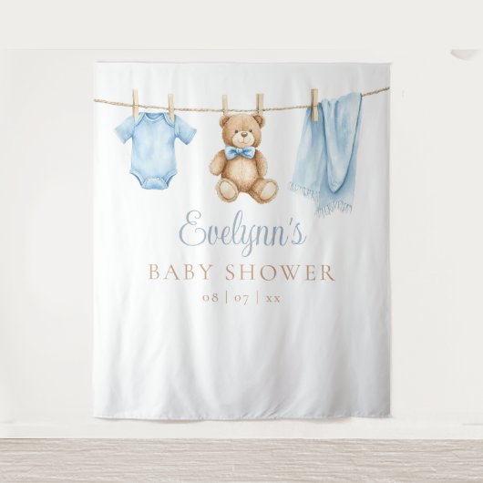Baby Boy Clothesline Baby shower Foto Achtergrond Wandkleed (Voorkant)
