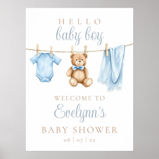 Baby Boy Clothesline Baby Shower Welcome Sign Poster (Voorkant)