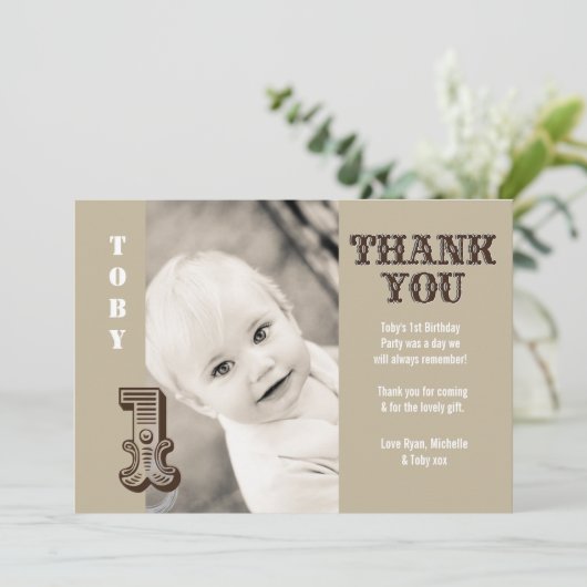 Baby Boy Cowboy 1e Verjaardag Dank u Fotokaart Bedankkaart (Staand voorkant)