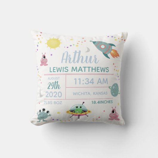 Baby Boy Cute Modern Space Alien Birth Stats Kussen (Voorkant)