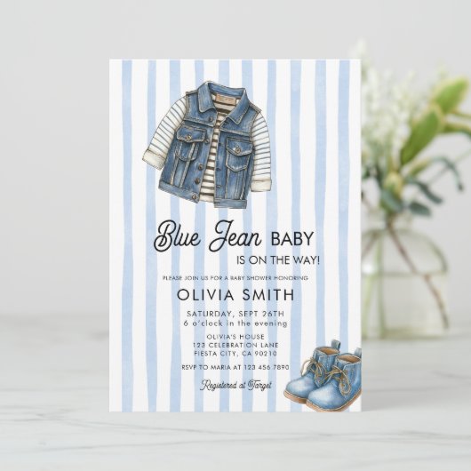  Baby Boy Denim Blue Jean Baby Shower Invitation Kaart (Staand voorkant)