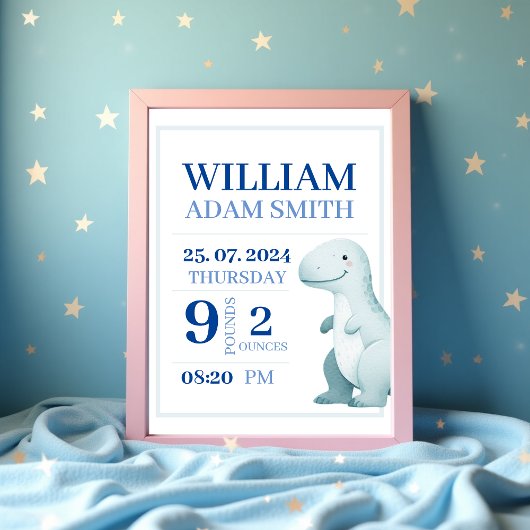 Baby Boy Dinosaur Persoonlijke Geboorteaankondigin Poster