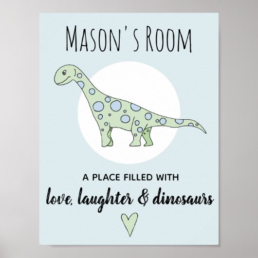 Baby Boy Doodle Groene Dinosaur en Naam Babykamer Poster (Voorkant)