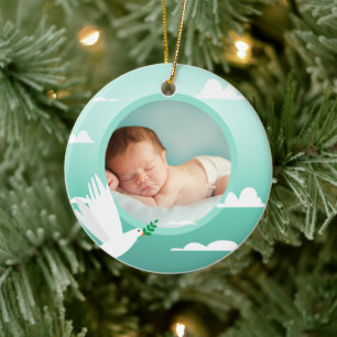 Baby Boy Doop Duif Wolken Fotolijst Keramisch Ornament