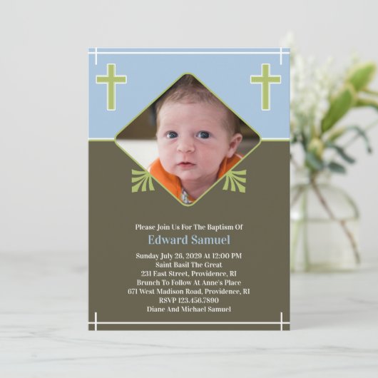 Baby Boy Doop Foto Platte Uitnodiging (Staand voorkant)