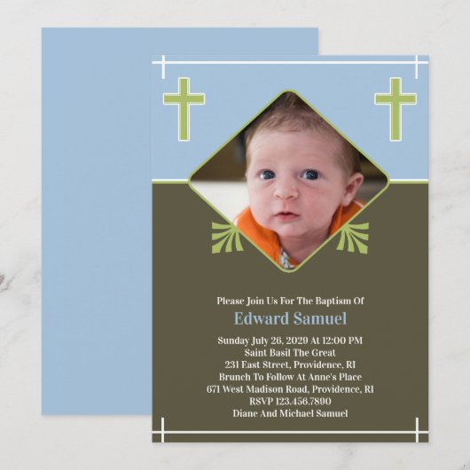 Baby Boy Doop Foto Platte Uitnodiging (Voorkant / Achterkant)