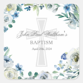 Baby Boy Doop Schattige Blauw Bloemen Religieus Kr Vierkante Sticker