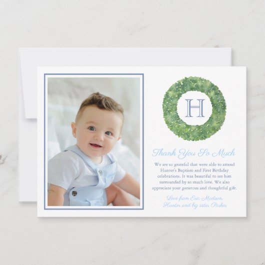 Baby Boy Doop Verjaardag Smart Monogram Bedankkaart (Voorkant)