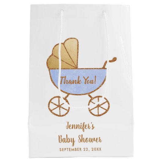 Baby Boy Douche Blauw Retro Carriage Dank u Medium Cadeauzakje (Achterkant)