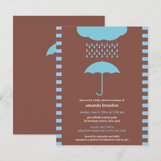 Baby Boy Douche Blauwe Paraplu Uitnodiging (Voorkant / Achterkant)