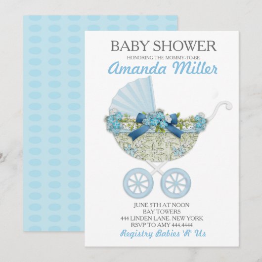 Baby Boy Douche Carriage uitnodigingen (Voorkant / Achterkant)