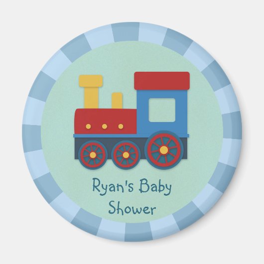 Baby Boy Douche: Gele, Rode & Blauwe Trein Magneet (Voorkant)