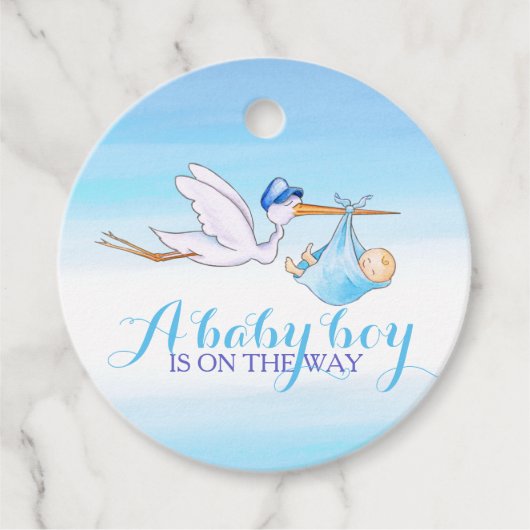 Baby boy douche ooievaar blauw waterverf dank u bedankjes labels (Voorkant)