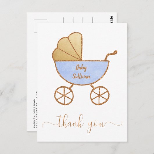 Baby Boy Douche Retro Carriage Blue Gold Dank u Briefkaart (Voorkant / Achterkant)