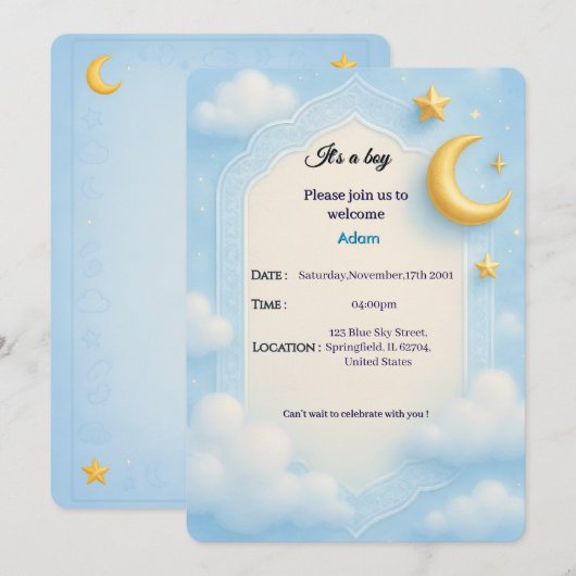 Baby Boy Douche Uitnodigen - Blauw Elegant Ontwerp Kaart (Voorkant / Achterkant)