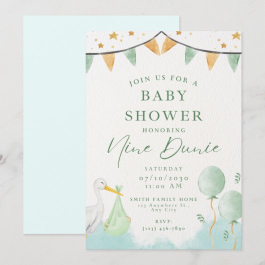 Baby Boy Douche Uitnodiging Ballon Dier (Voorkant / Achterkant)