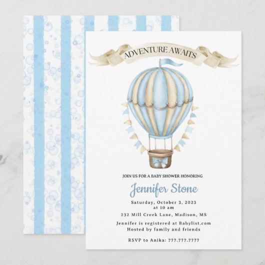 Baby Boy Douche Uitnodiging - Hete Luchtballon (Voorkant / Achterkant)