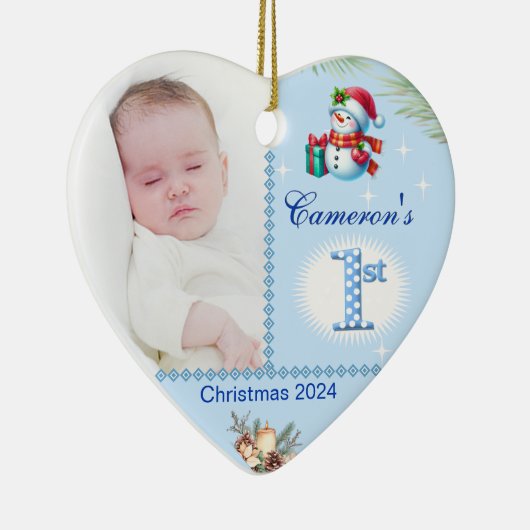 Baby Boy Eerste Kerst Custom Foto Hart Gift Keramisch Ornament (Rechts)