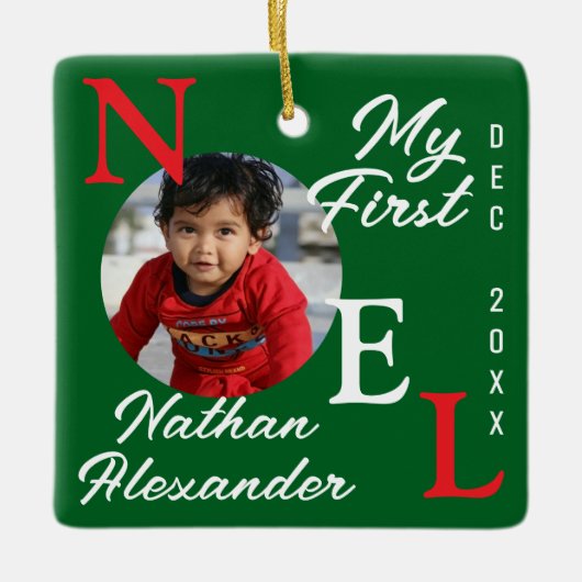 Baby Boy Eerste Kerst Kleurrijke 1e Noel Foto Keramisch Ornament (Voorkant)