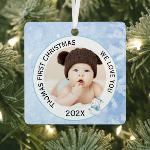Baby Boy Eerste Kerstfoto Icy Blue Metalen Ornament