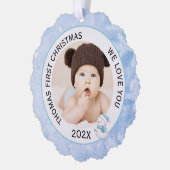 Baby Boy Eerste Kerstfoto Icy Blue Ornament Kaart (Links)
