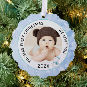 Baby Boy Eerste Kerstfoto Icy Blue Ornament Kaart