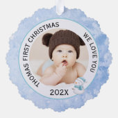 Baby Boy Eerste Kerstfoto Icy Blue Ornament Kaart (Achterkant)