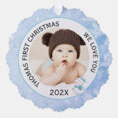 Baby Boy Eerste Kerstfoto Icy Blue Ornament Kaart (Voorkant)