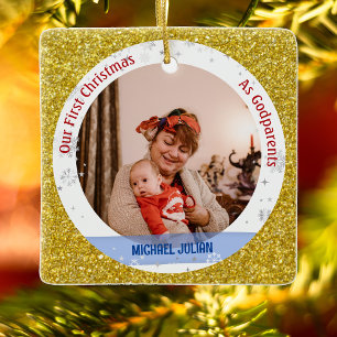 Baby Boy Eerste Kerstmis als peetouders 2 foto's Keramisch Ornament