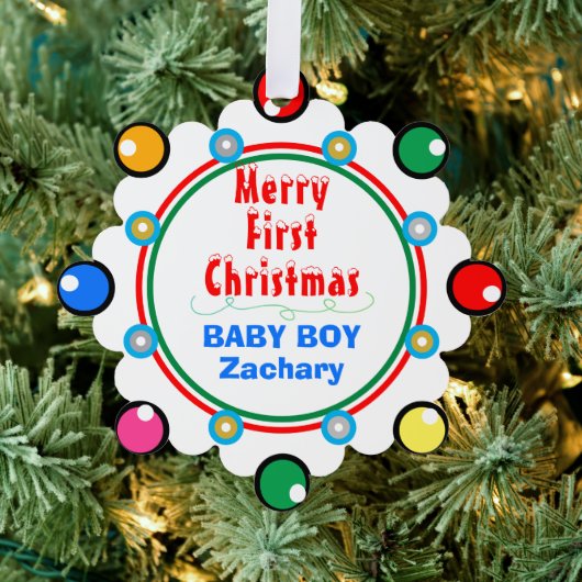 Baby Boy Eerste Kerstmis Rood Groen Blauw Ornament Kaart (Insitu (Drie))