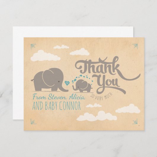 Baby Boy Elephant Baby shower Dank u wel kaarten (Voorkant / Achterkant)
