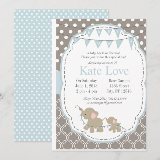 Baby Boy Elephant - Baby shower Uitnodiging (Voorkant / Achterkant)