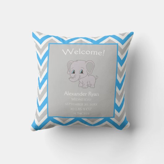 Baby Boy Elephant Chevron Birth Stats Keepomwille Kussen (Achterkant)