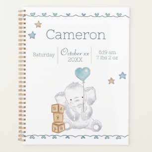 Baby Boy Elephant Custom Naam en Geboorte Details Planner
