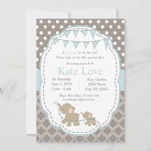 Baby Boy Elephant Douche Uitnodiging - Blauw (Voorkant)