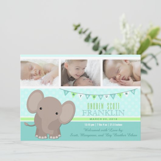 Baby Boy Elephant Fotogeboorteaankondiging Aankondiging (Staand voorkant)