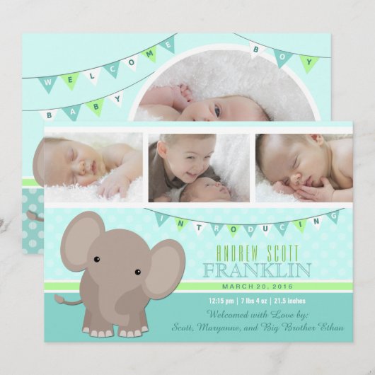 Baby Boy Elephant Fotogeboorteaankondiging Aankondiging (Voorkant / Achterkant)