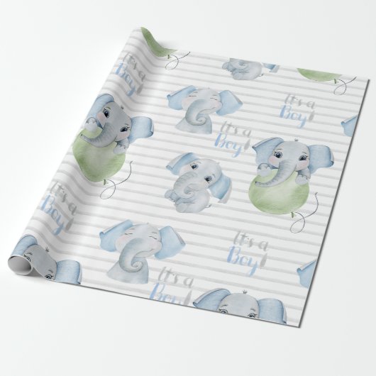 Baby Boy Elephant Het is een Jongen Shower Cadeaupapier (Uitgerold)