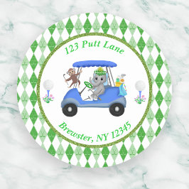 Baby Boy Elephant & Monkey Golf Baby shower Return Ronde Sticker